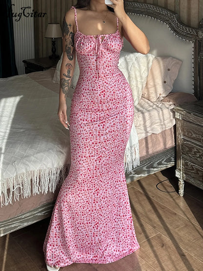 Hugcitar Elegant Floral Print Spaghetti Strap Sheath Dress for Women