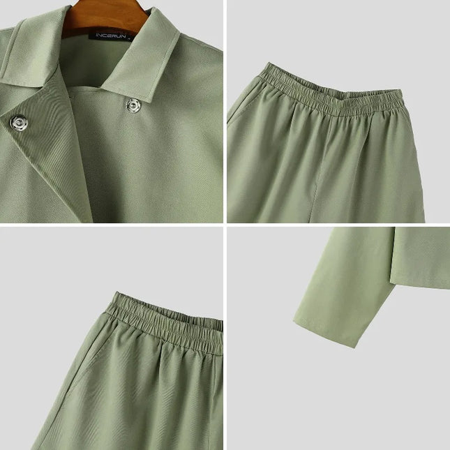 INCERUN Men’s Two-Piece Set: Lapel Long Sleeve Flared Shirt & Flared Pants