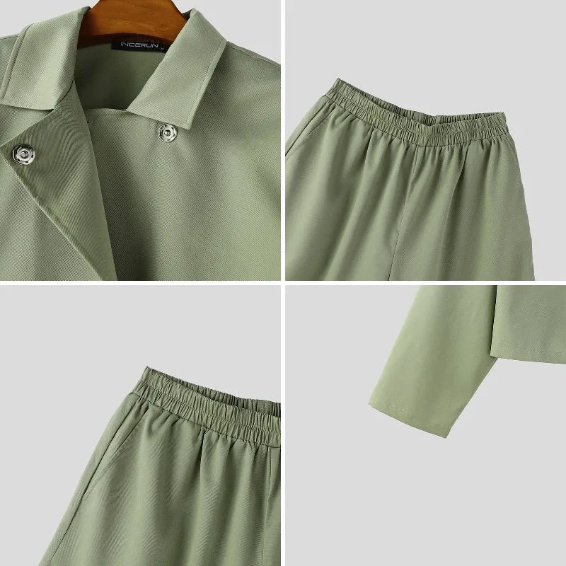 INCERUN Men’s Two-Piece Set: Lapel Long Sleeve Flared Shirt & Flared Pants