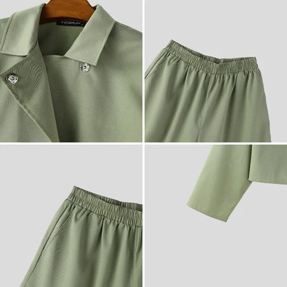 INCERUN Men’s Two-Piece Set: Lapel Long Sleeve Flared Shirt & Flared Pants