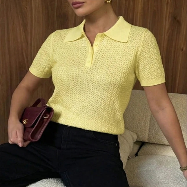 Hollow Knit Short Sleeve Polo T-Shirt for Women