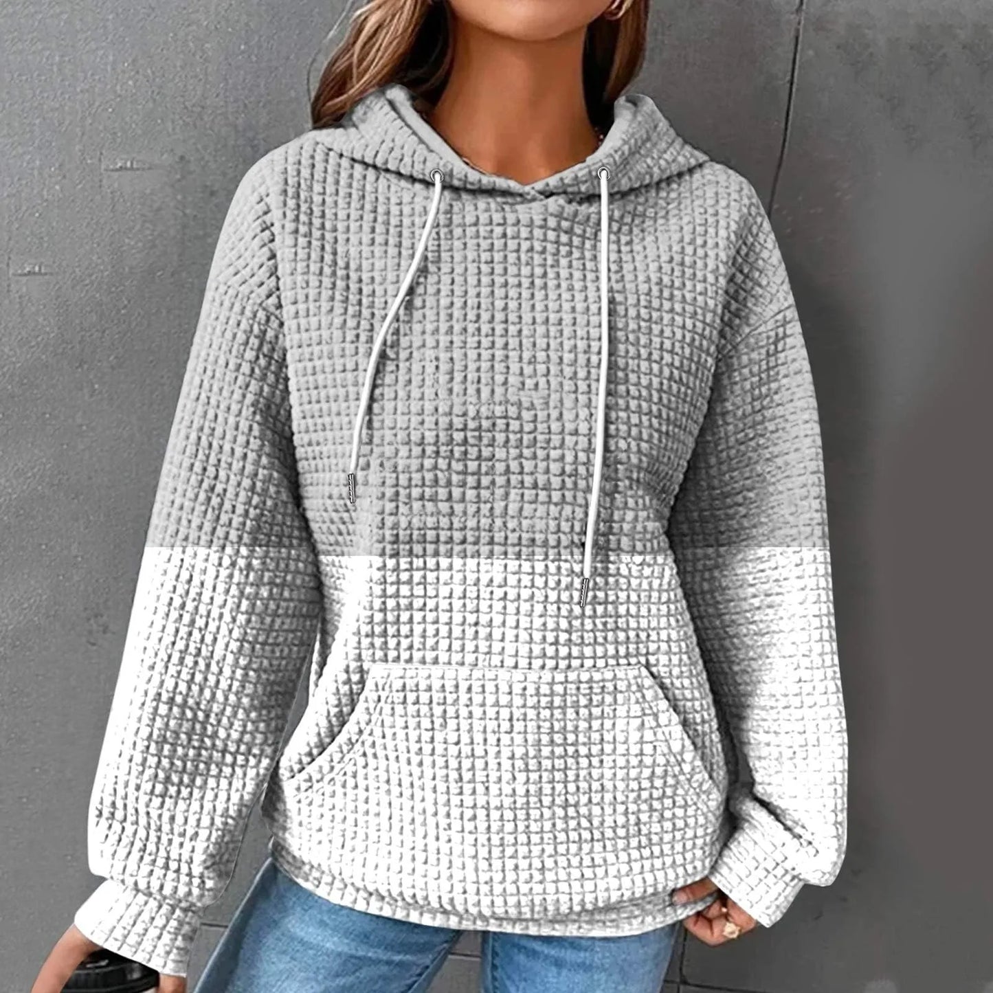 Oversized Women's Hoodie Sweatshirt with Waffle Knit