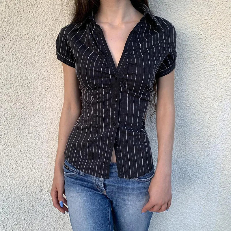 Chic Elegant Striped Button-Up Blouse for Women with Turn-Down Collar