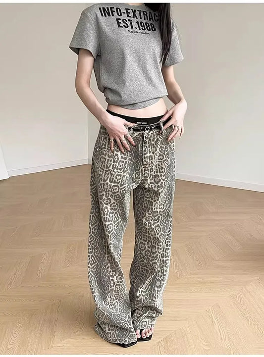 Women High Waist Leopard Printed   Wide Leg Denim Pants  Loose