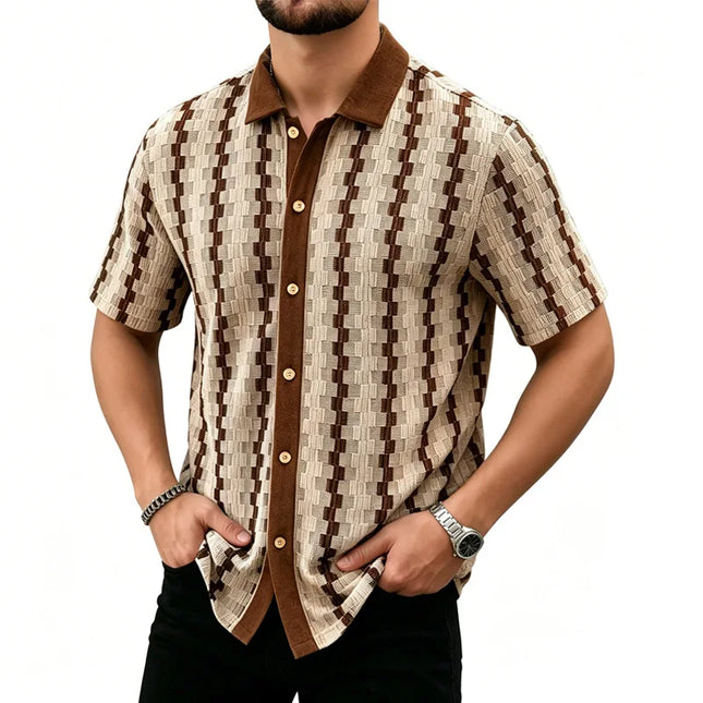 Men's Plaid Knit Short Sleeve Shirt with Lapel Collar and Button Closure
