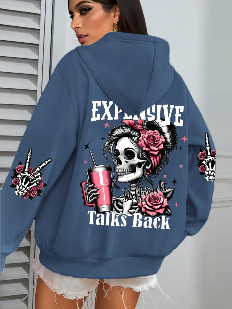 Women's "Expensive Talks Back" Printed Hoodie Sweater - Loose Fit
