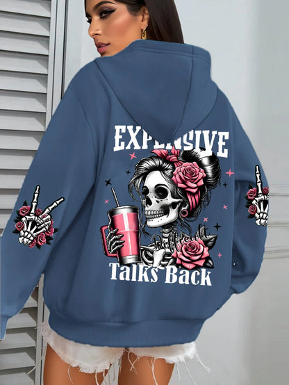 Women's "Expensive Talks Back" Printed Hoodie Sweater - Loose Fit