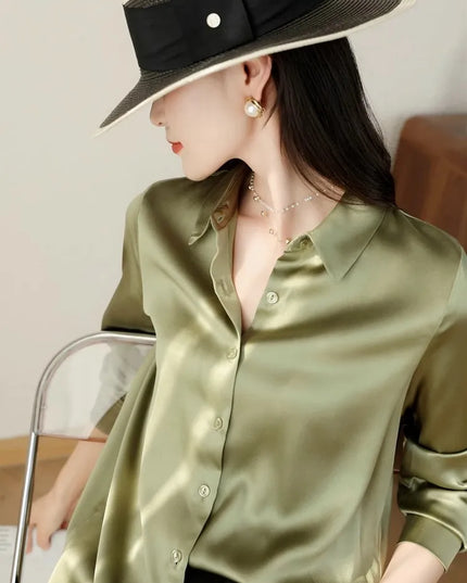 Elegant Satin Women's Blouse with Long Sleeves and Turn-down Collar