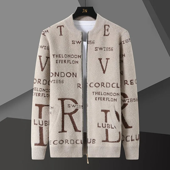 Retro Jacquard Men's Cardigan Jacket with Stand-Up Collar