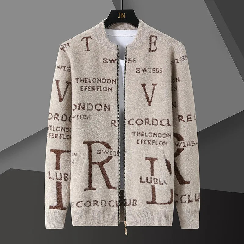 Retro Jacquard Men's Cardigan Jacket with Stand-Up Collar