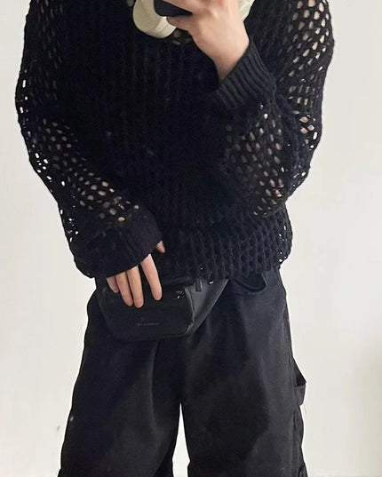 Men’s Loose-Fit Hollow-Knit Sweater with Round Neck