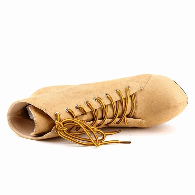 Women's Platform Boots with Side Zipper - High Heels With Lace-Up Design
