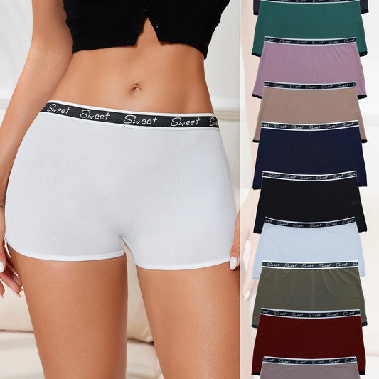 White boxer briefs with 'Sweet' waistband worn by a person, followed by a display of various colored boxer briefs.