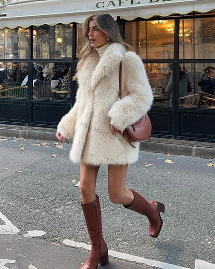 Women's Faux Fur Lapel Coat – Luxury Furry Overcoat for Women