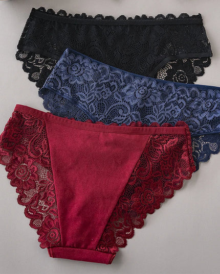 3-Piece Luxury Floral Lace Embroidery Briefs Set for Women - Sensual Hollow Lingerie & Breathable Underwear
