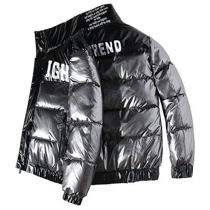 Men's Glossy Thickened Parka Jacket with Stand Collar