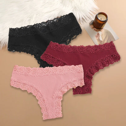 Set of 3 Women's Cotton Lace Panties - Floral Print & Trendy Patchwork Briefs