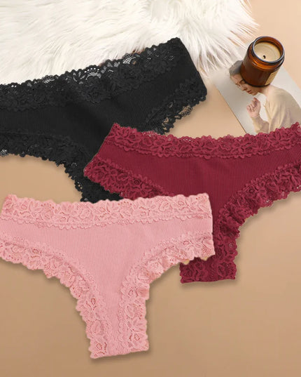Set of 3 Women's Cotton Lace Panties - Floral Print & Trendy Patchwork Briefs
