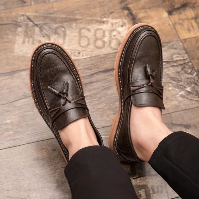 Men's Thick-Sole Leather Slip-On Loafers – Stylish & Comfortable Dress Shoes for Men