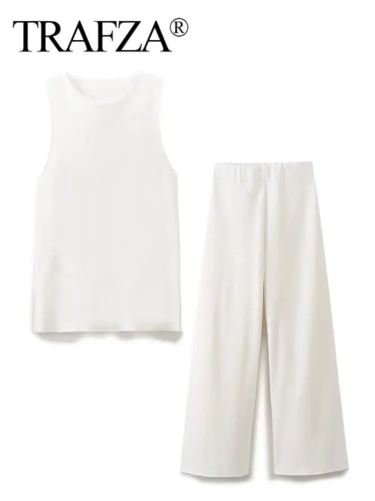 TRAFZA Women's 2-Piece Set: Sleeveless Vest and Loose Elastic Waist Pants