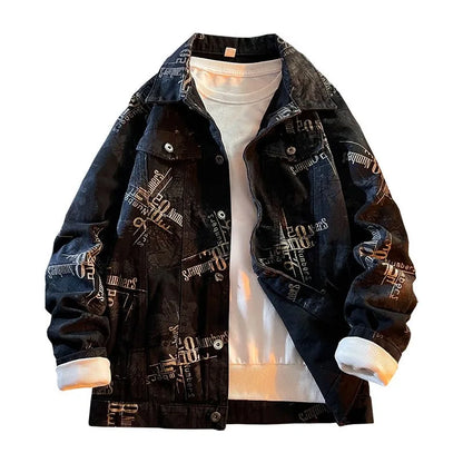 Men's Letter Graffiti Denim Style Jacket – Stylish Streetwear Outerwear for Men