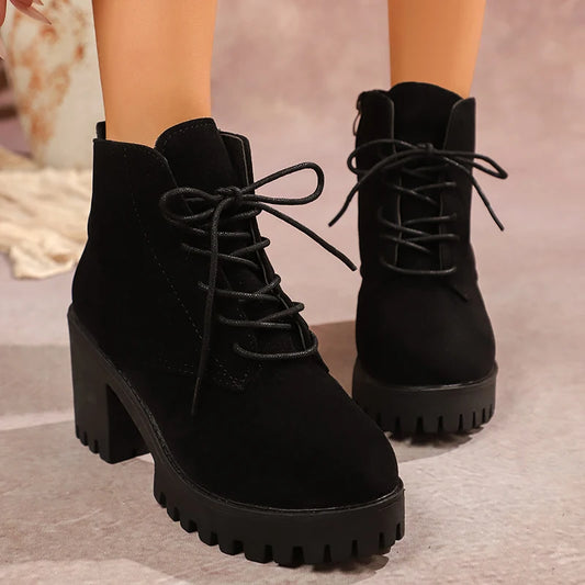 Women's Chunky Heel Ankle Boots with Platform Sole – Side Zip & Lace-Up Design