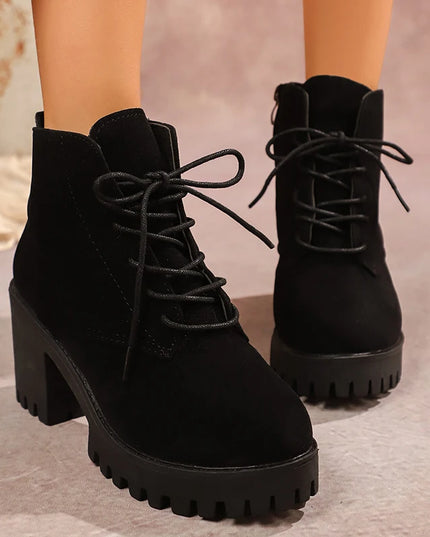 Women's Chunky Heel Ankle Boots with Platform Sole – Side Zip & Lace-Up Design