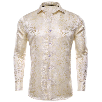 Luxury Gold Men's Silk Jacquard Lapel Shirt