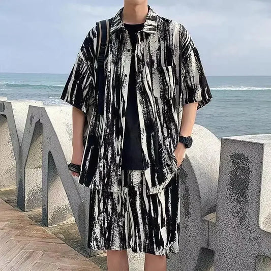 Men's Two-Piece Loose Fit Striped Shirt and Shorts Set