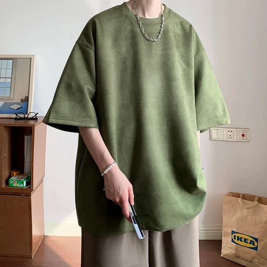 Men's Oversized Faux Suede Short Sleeve T-Shirt with Round Neck