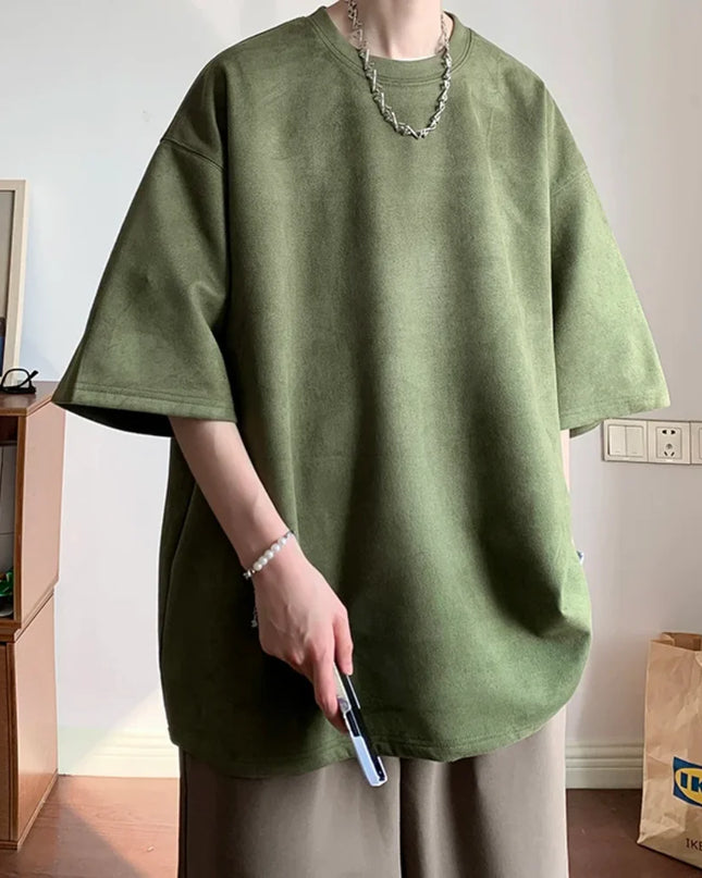 Men's Oversized Faux Suede Short Sleeve T-Shirt with Round Neck