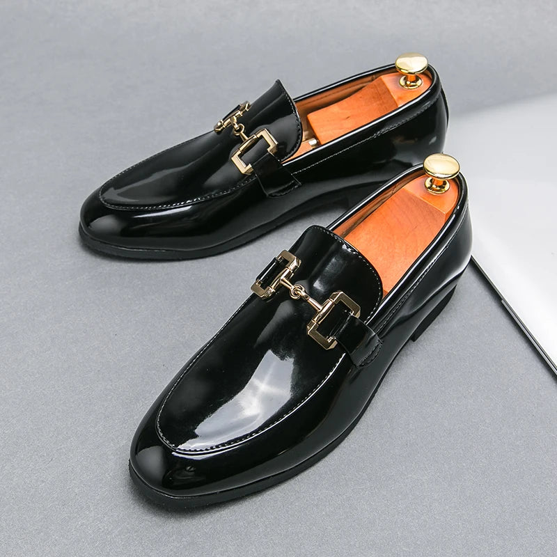 Men’s Pu Leather Loafers – Shiny Leather Slip-On Shoes with Round Toe