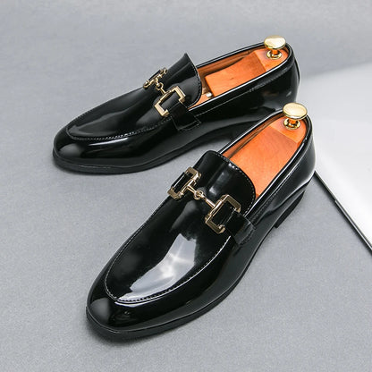 Men’s Pu Leather Loafers – Shiny Leather Slip-On Shoes with Round Toe