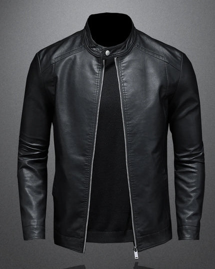 Men's Slim Fit Faux Leather Jacket with Stand Collar - Casual PU Leather Outerwear