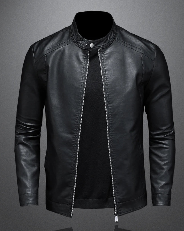 Men's Slim Fit Faux Leather Jacket with Stand Collar - Casual PU Leather Outerwear