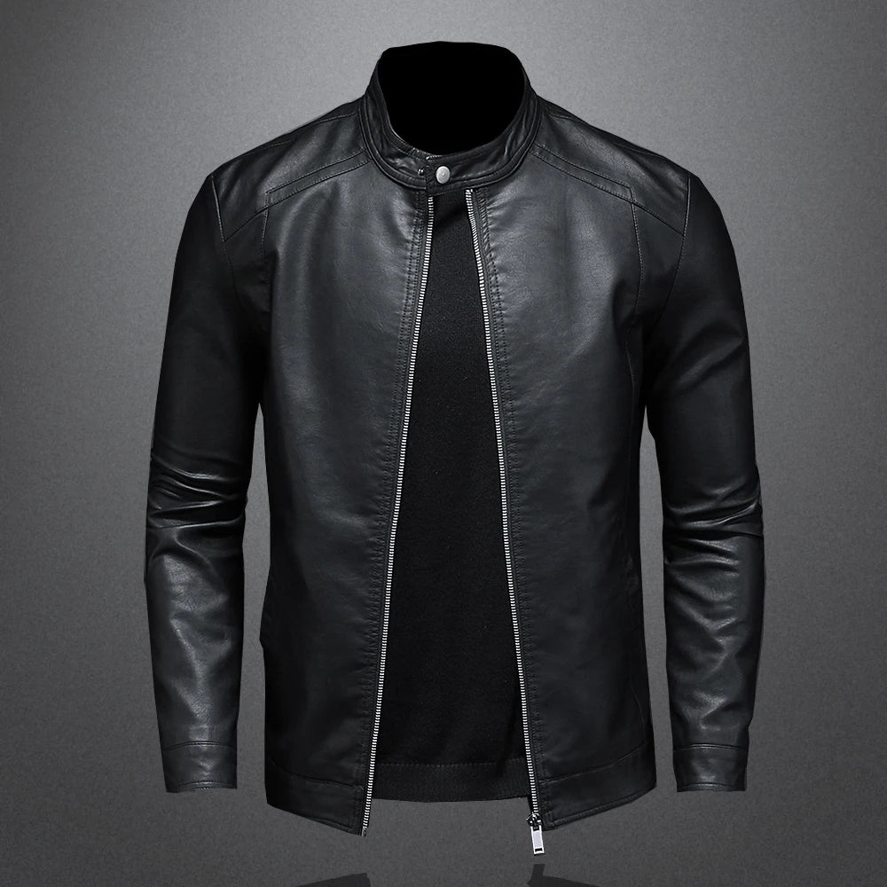 Men's Slim Fit Faux Leather Jacket with Stand Collar - Casual PU Leather Outerwear