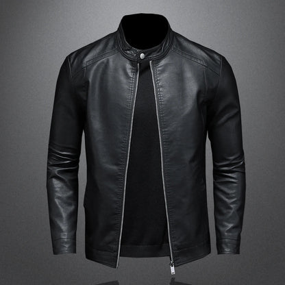 Men's Slim Fit Faux Leather Jacket with Stand Collar - Casual PU Leather Outerwear