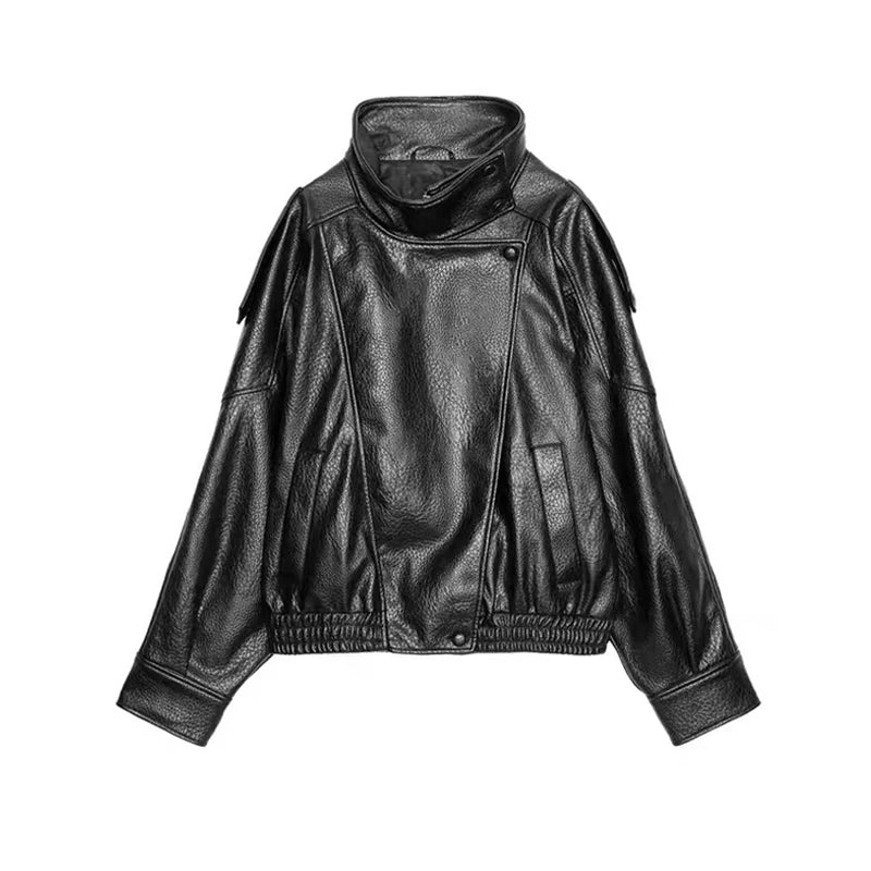 Women's Stand Collar Faux Leather Jacket with Double Button Closure
