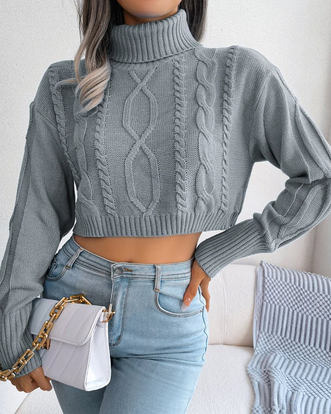 Women’s Long Sleeve Turtleneck Sweater – Casual Knitted Cropped Top