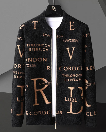 Retro Jacquard Men's Cardigan Jacket with Stand-Up Collar