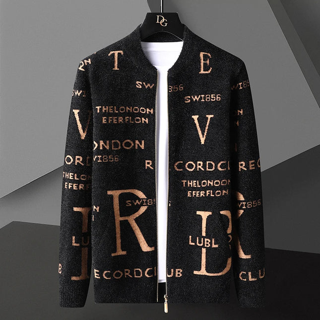 Retro Jacquard Men's Cardigan Jacket with Stand-Up Collar
