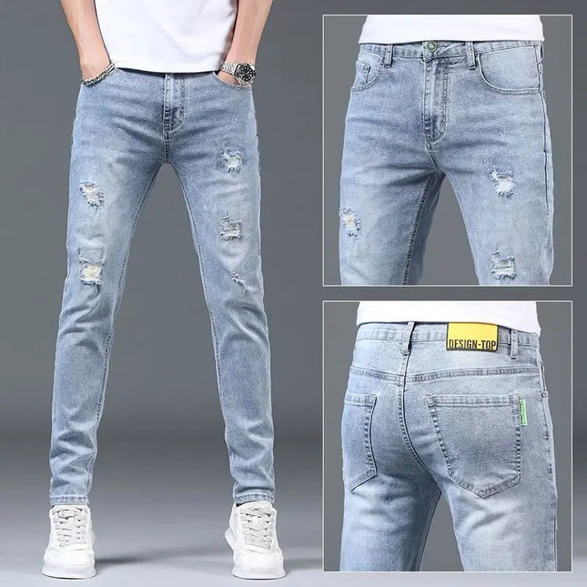 Men's Ripped Slim Fit Stretch Jeans – Straight Leg, Thin Fit Denim Pants for Men