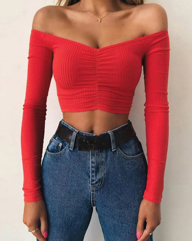 Women's Off-Shoulder Long Sleeve Cropped Top