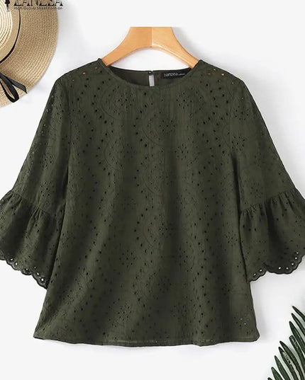 ZANZEA Women's Casual Loose Blouse with Hollow Out Lace Crochet Embroidery
