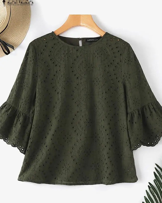 ZANZEA Women's Casual Loose Blouse with Hollow Out Lace Crochet Embroidery