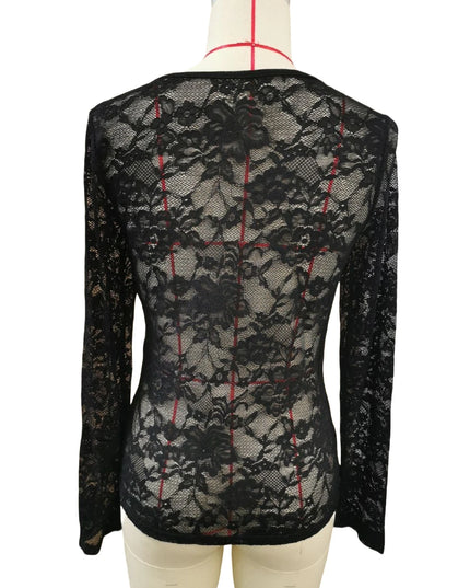 Women’s Long Sleeve Sheer Mesh Blouse with Floral Lace Design