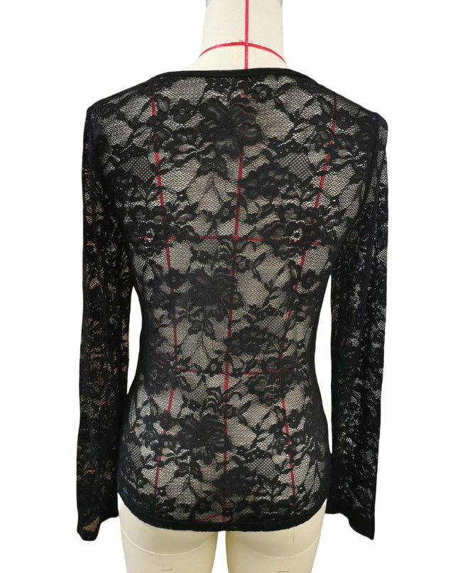 Women’s Long Sleeve Sheer Mesh Blouse with Floral Lace Design