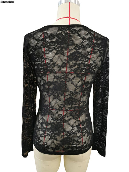 Women’s Long Sleeve Sheer Mesh Blouse with Floral Lace Design
