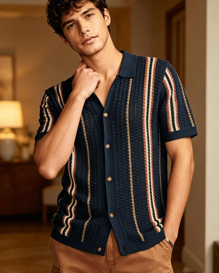 Men's Retro Style Striped Knit Polo Shirt - Casual Classic