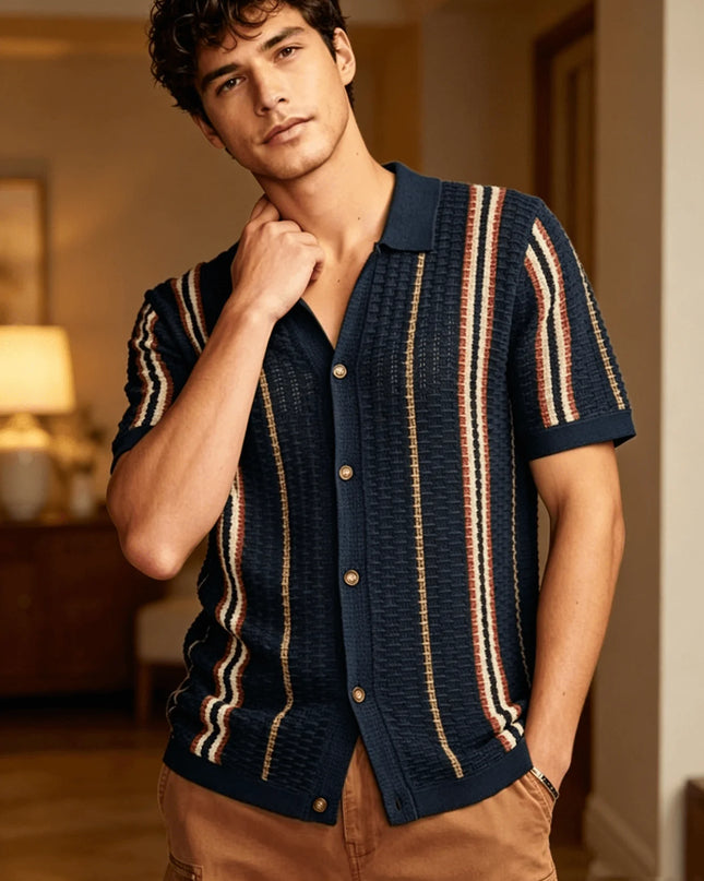 Men's Retro Style Striped Knit Polo Shirt - Casual Classic